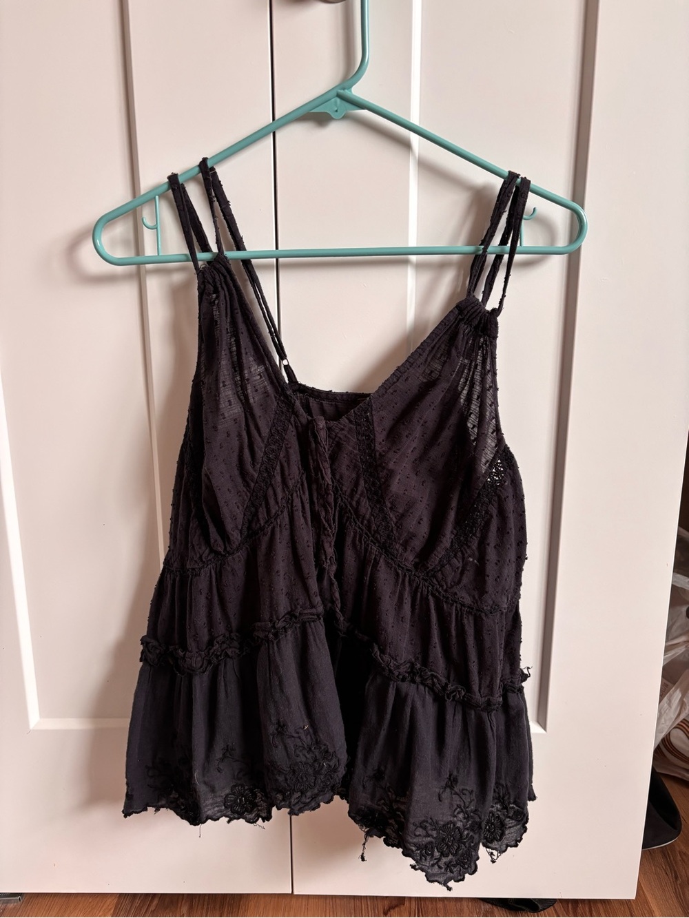 Free People Black Lace-Trim Tiered Spaghetti Strap Tank